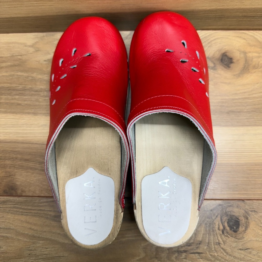 VERKA Blomma Clogs Womens 6 6.5 EU 37 Red Leather Slip On Wooden Cottagecore - Picture 8 of 12